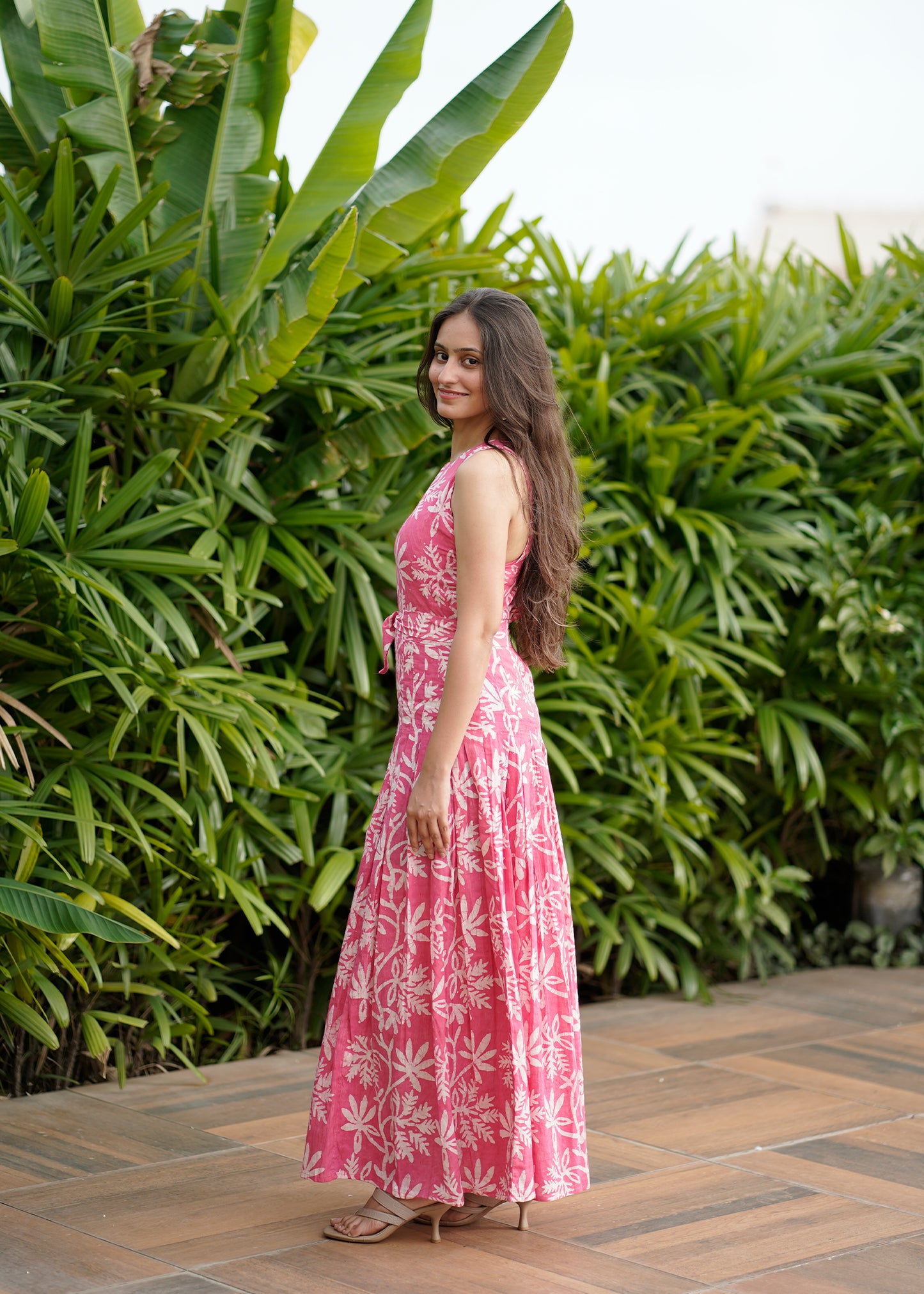 Modern Floral Long Cotton Dress with waist belt