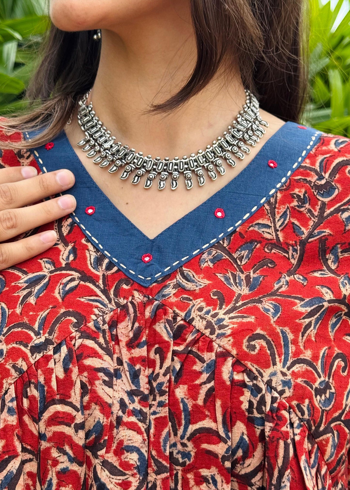 Handblock Kalamkari Cotton Short Top with Mirror Work