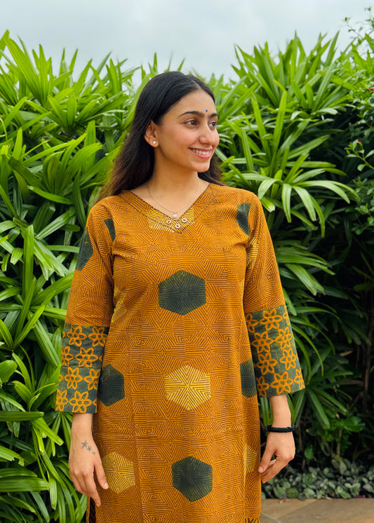 Mustard Hexa Ajrakh Handblock Kurta